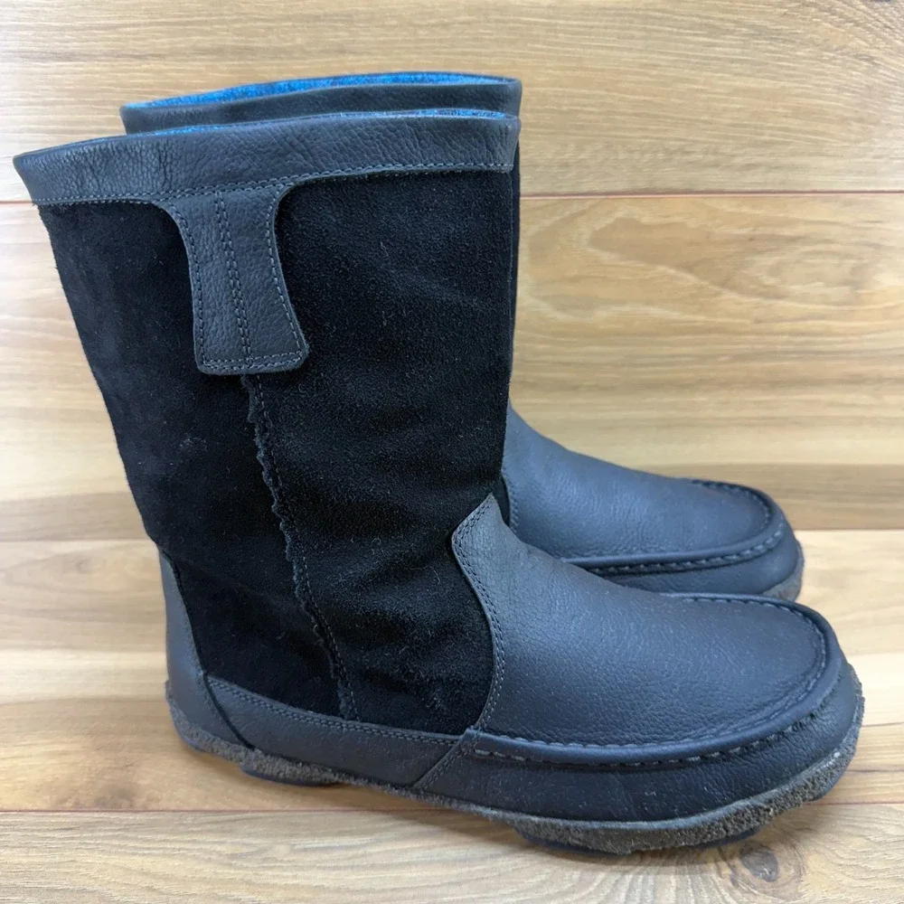 OLUKAI Kohana Boot Mens 10.5 Black Leather Suede Pull On Wool Lined